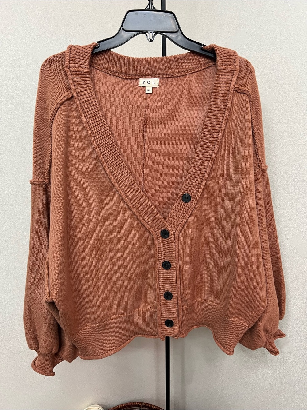 POL Rust-Brown Oversized V-Neck Button Cardigan